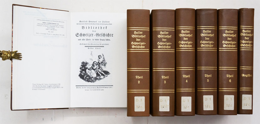 Bibliothek der Schweizer-Geschichte und aller Theile, so dahin Bezug haben. Systematisch-Chronologisch geordnet. 6 Bde. u. Register (7 Bde.)