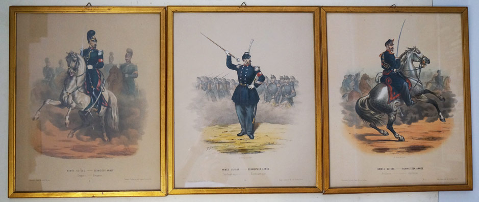 3 Blätter ( von 16. Bl.) aus Perron, Ch.: Types militaires de l'armée Suisse. Schweitzer Armée